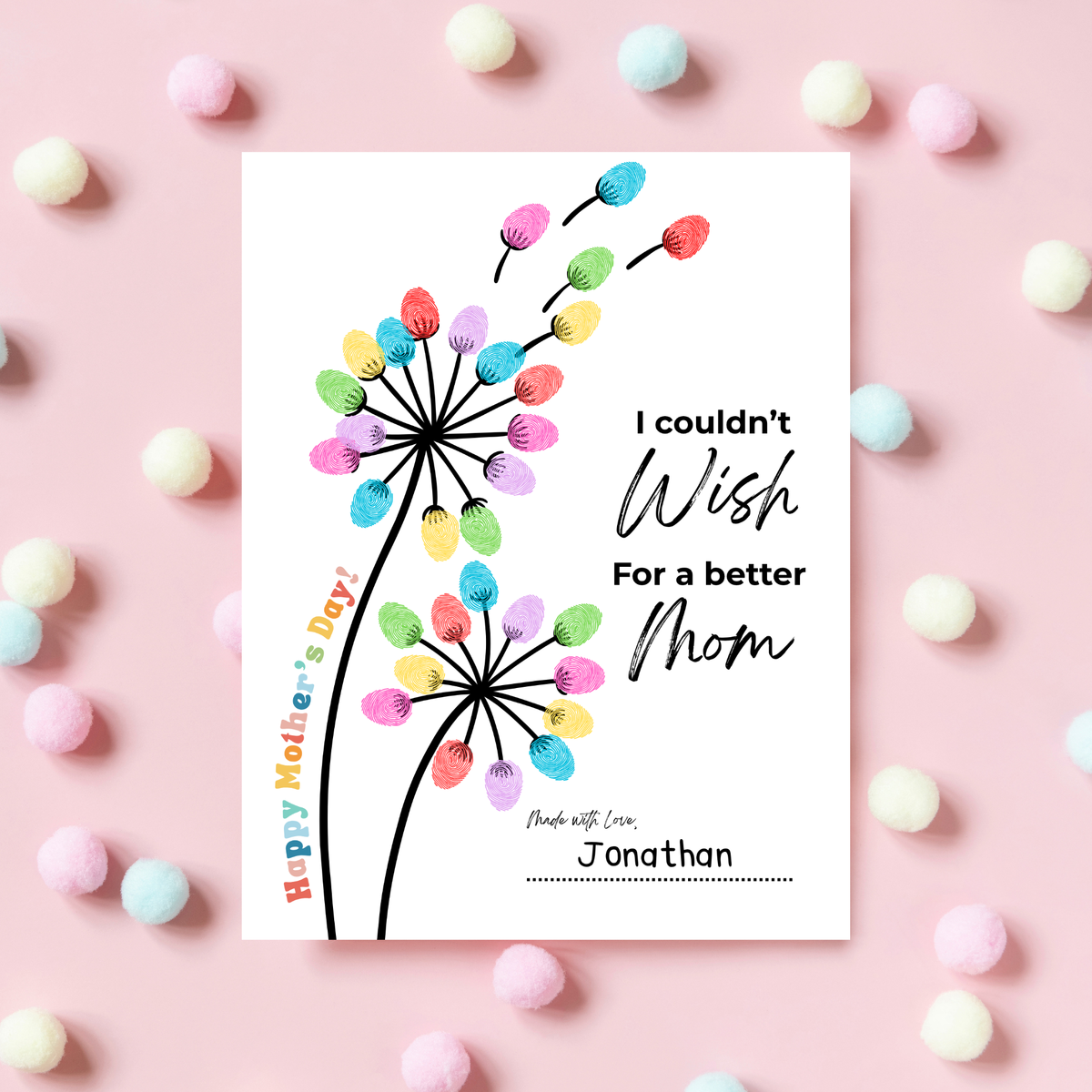 Mother’s Day Fingerprint Craft Printable | I Couldn’t Wish for a Better Mom Keepsake | Preschool DIY Mom Gift | Dandelion Fingerprint Art PDF