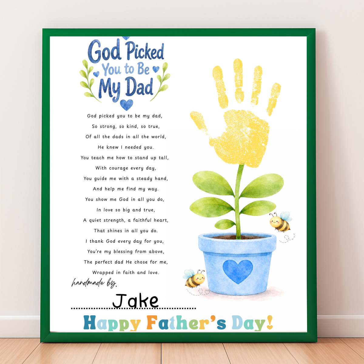 Christian Father’s Day Handprint Craft Printable | God Picked You to Be My Dad | Faith-Based Dad Keepsake Gift from Kids | Preschool DIY Handprint Art PDF