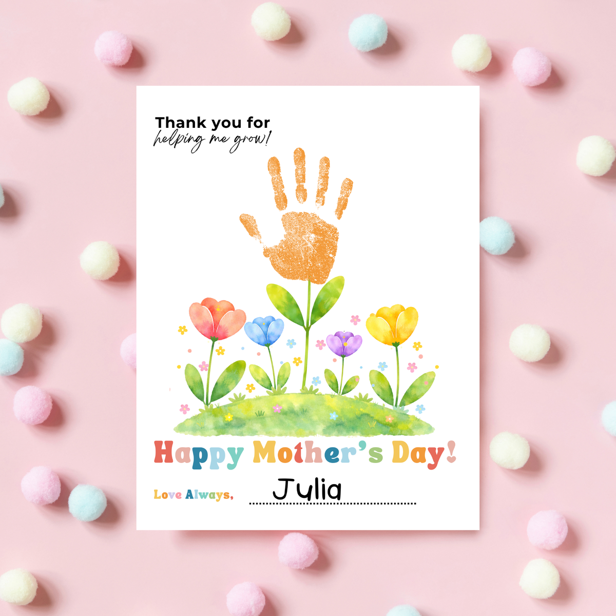 Mother’s Day Handprint Flower Craft Printable | Thank You for Helping Me Grow Keepsake | Preschool DIY Mom Gift | Floral Mother’s Day PDF