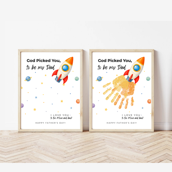 Christian Father's Day Rocket Handprint Craft Printable | God Picked You to Be My Dad | Space Keepsake Gift from Kids | Dad Handprint Art