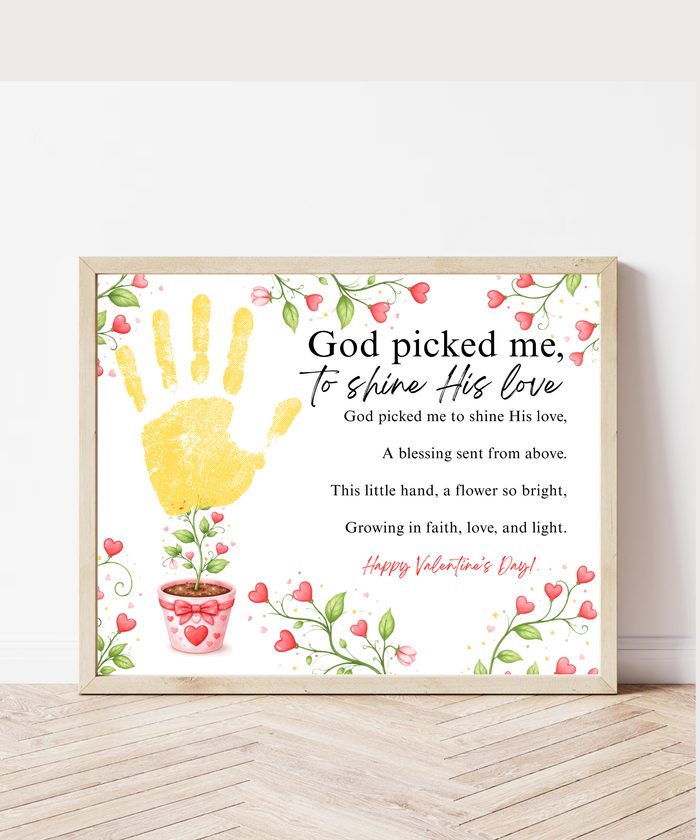 Valentine’s Day Handprint Craft Printable for Kids | Faith-Inspired Keepsake | God Picked Me to Shine His Love