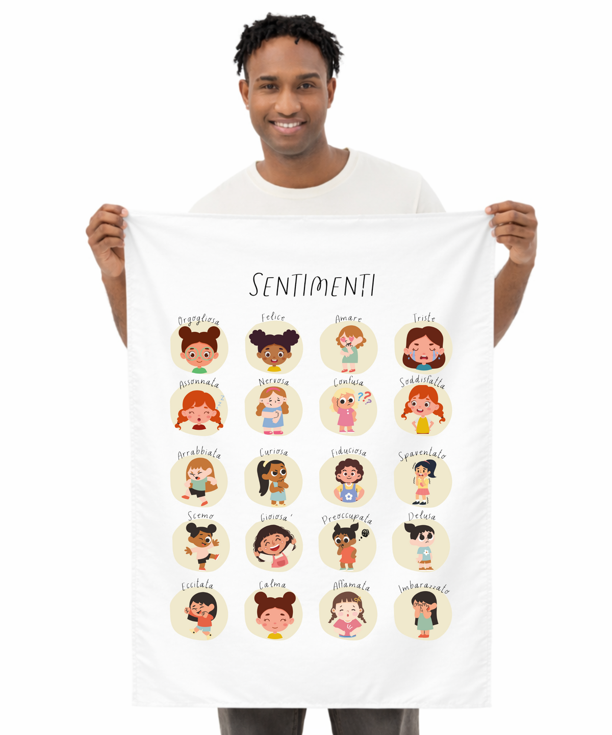 Person holding a white towel with cartoon character illustrations and text on a white background