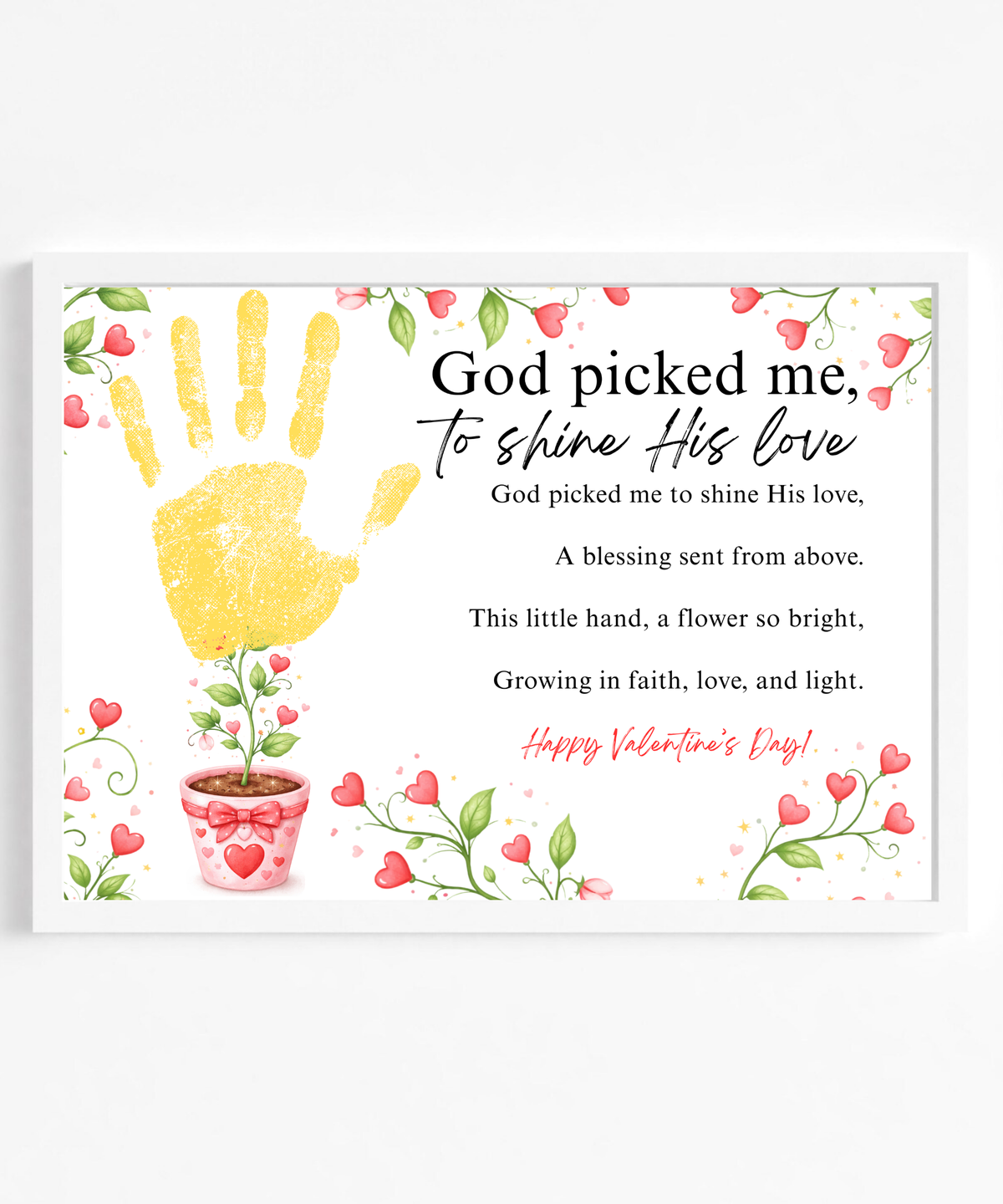 Valentine’s Day Handprint Craft Printable for Kids | Faith-Inspired Keepsake | God Picked Me to Shine His Love