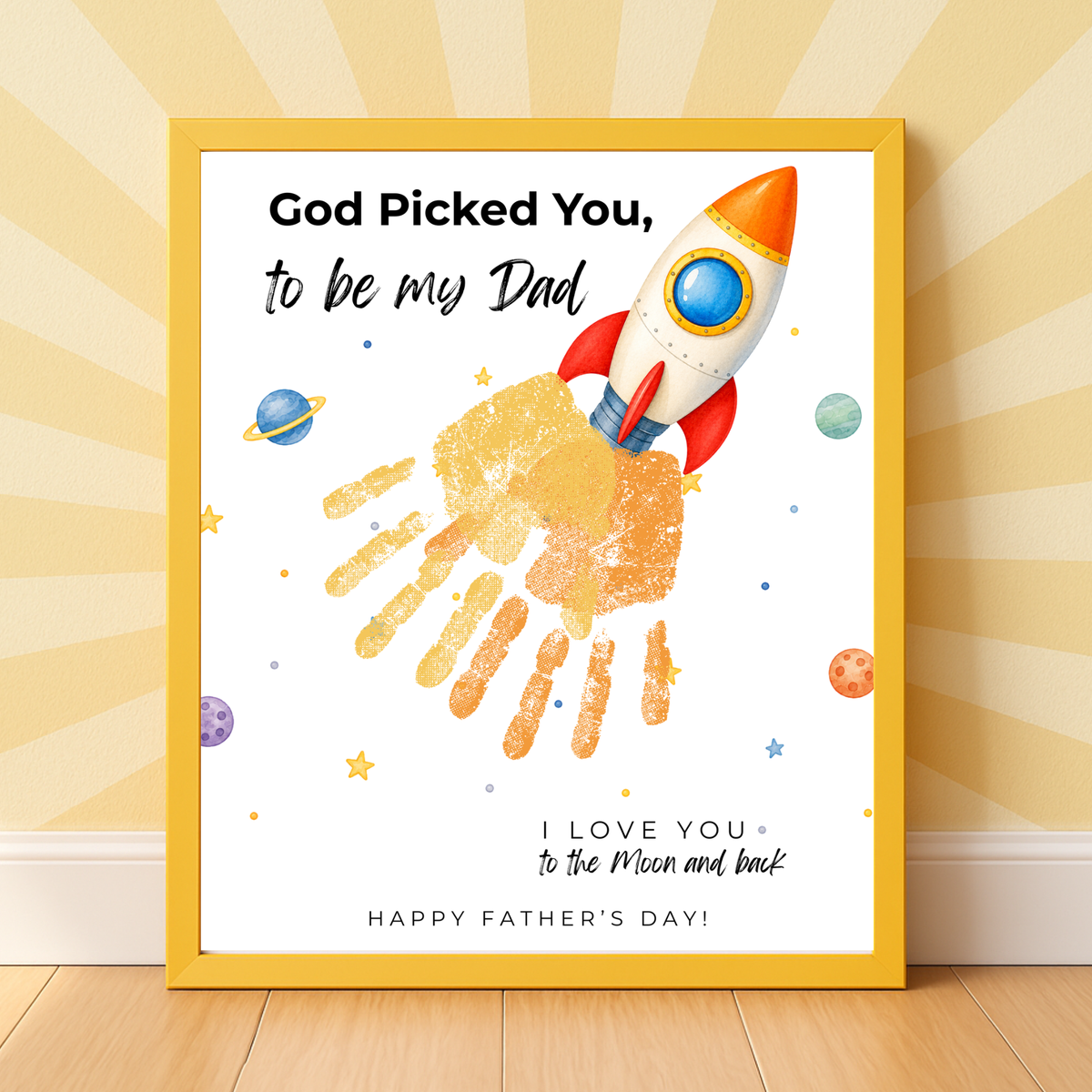 Christian Father's Day Rocket Handprint Craft Printable | God Picked You to Be My Dad | Space Keepsake Gift from Kids | Dad Handprint Art