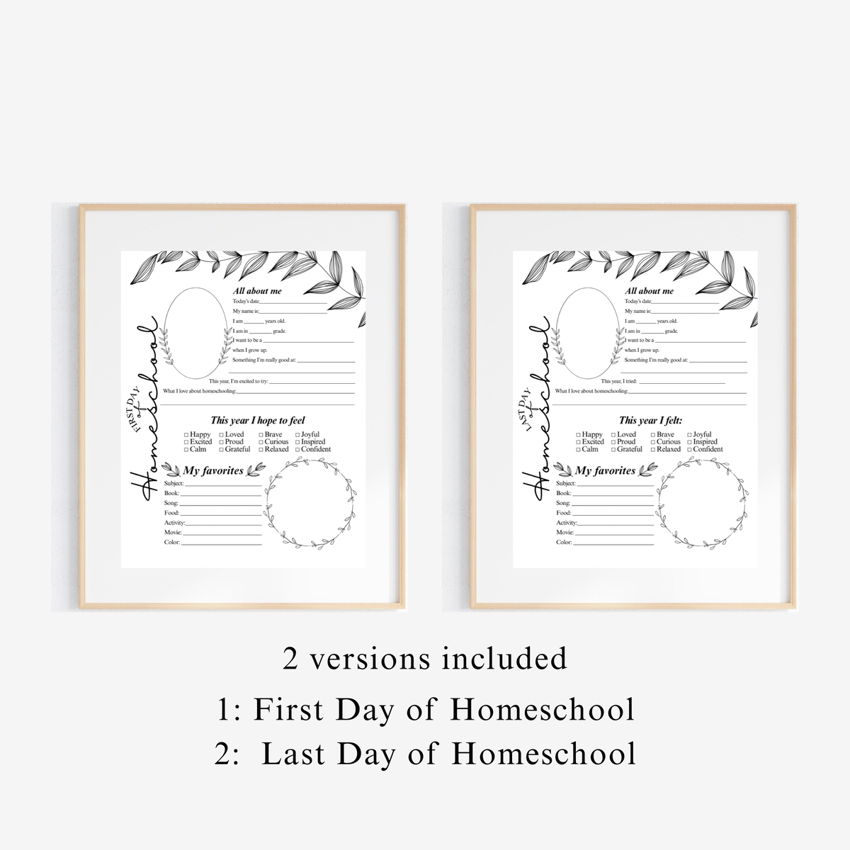 Minimalist First & Last Day of Homeschool Interview Printable | Homeschool Memory Page | Black Botanical Keepsake | Homeschool Reflection Worksheet