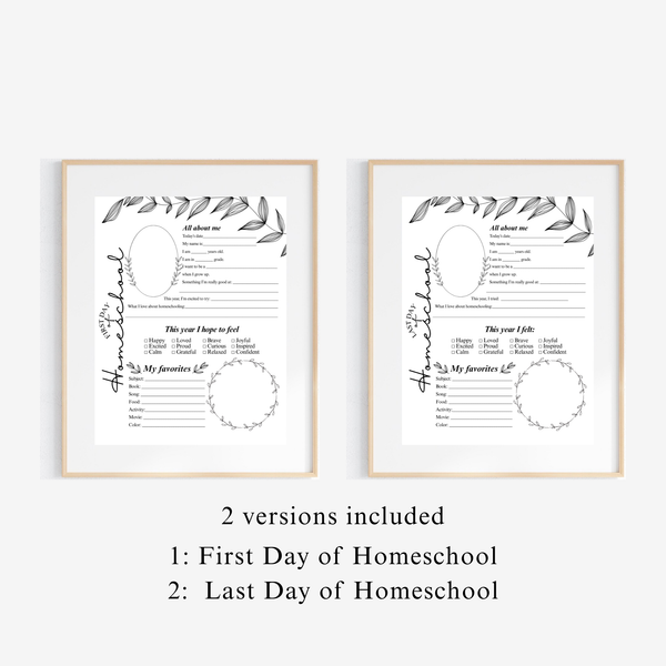 Minimalist First & Last Day of Homeschool Interview Printable | Homeschool Memory Page | Black Botanical Keepsake | Homeschool Reflection Worksheet