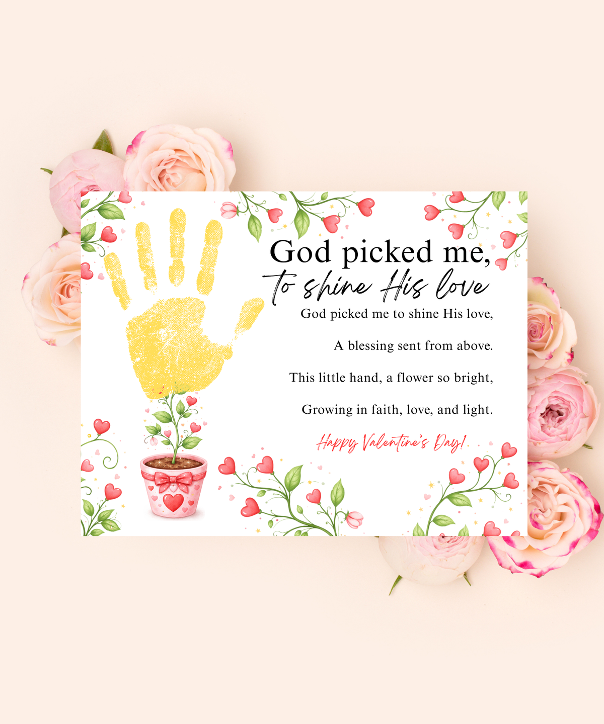 Valentine’s Day Handprint Craft Printable for Kids | Faith-Inspired Keepsake | God Picked Me to Shine His Love