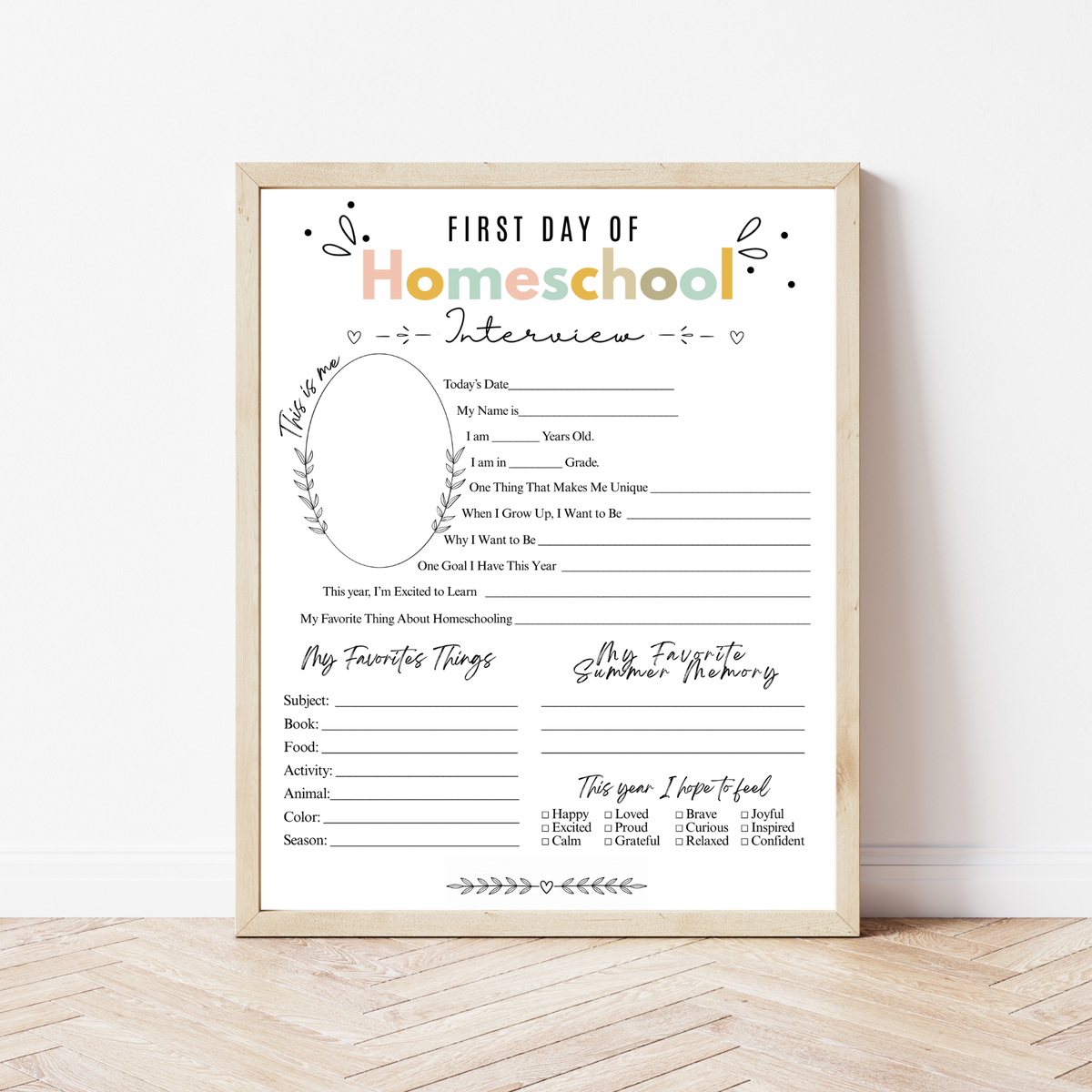 Colorful First & Last Day of Homeschool Interview Printable | Homeschool Memory Book | Back to Homeschool Keepsake | Student Reflection Worksheet
