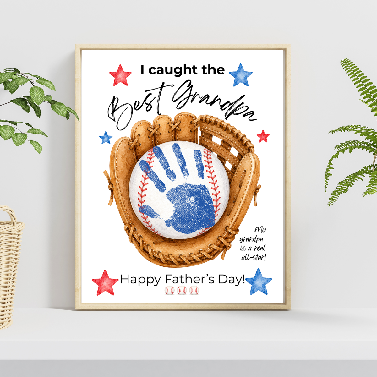 Grandpa Father's Day Baseball Handprint Craft Printable | I Caught the Best Grandpa | Baseball Keepsake Gift from Kids | Grandfather Handprint Art