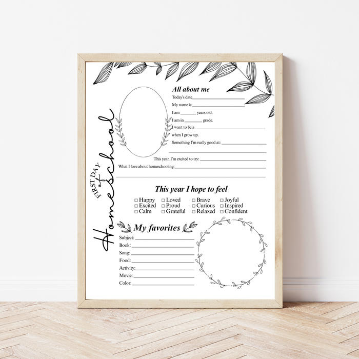 Minimalist First & Last Day of Homeschool Interview Printable | Homeschool Memory Page | Black Botanical Keepsake | Homeschool Reflection Worksheet