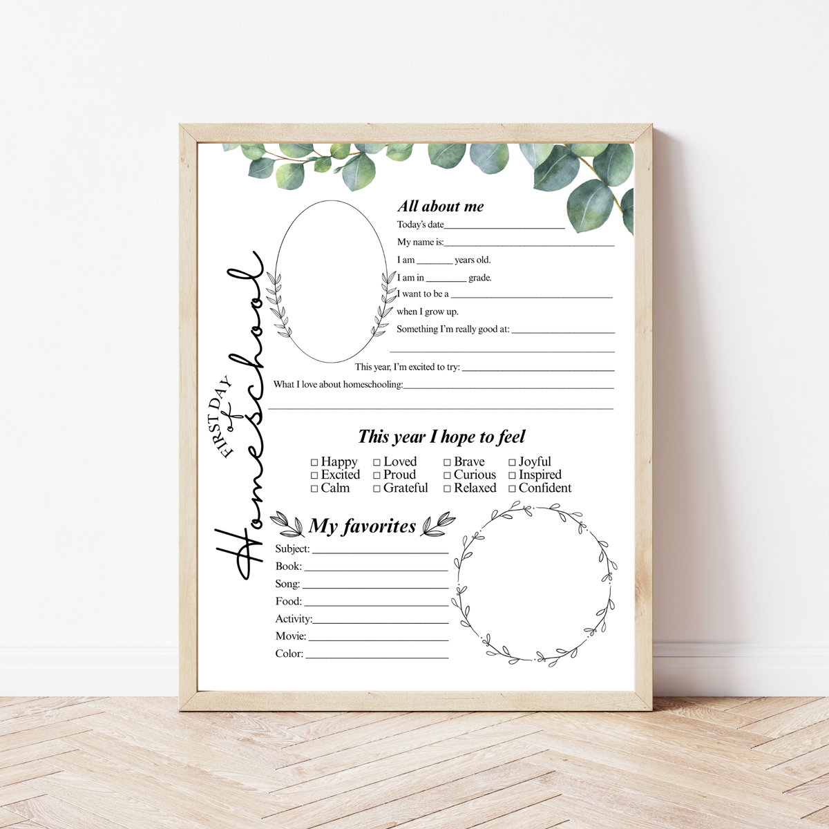 First & Last Day of Homeschool Interview Printable | Eucalyptus Homeschool Memory Page | All About Me Worksheet | Homeschool Keepsake Activity