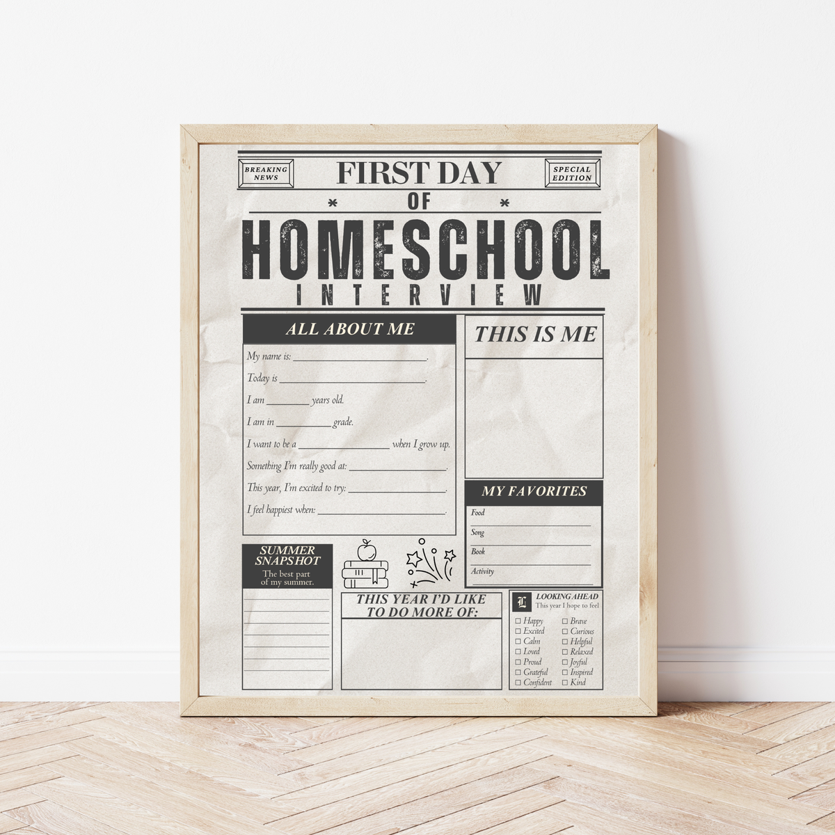 First Day of Homeschool Interview Printable | Homeschool Newspaper Activity | Back to Homeschool Keepsake | All About Me Worksheet