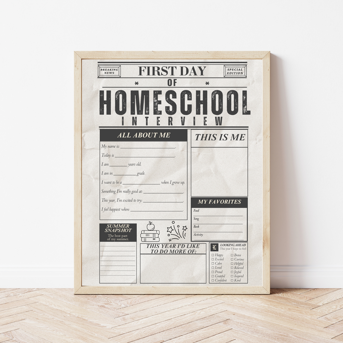First Day of Homeschool Interview Printable | Homeschool Newspaper Activity | Back to Homeschool Keepsake | All About Me Worksheet