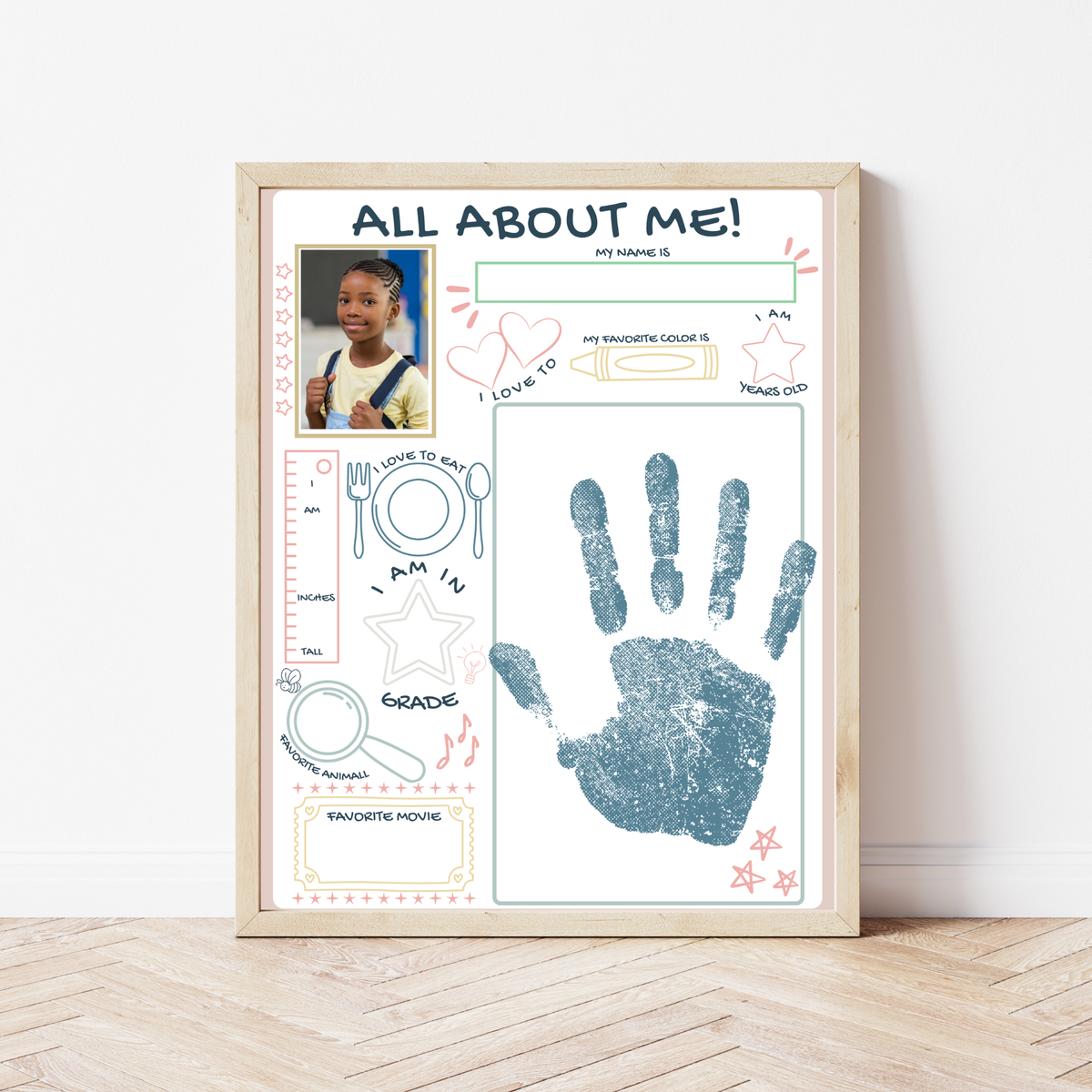 All About Me Handprint Craft Printable | Back to School Keepsake Activity | First Day of School Worksheet | Preschool Kindergarten Memory Page