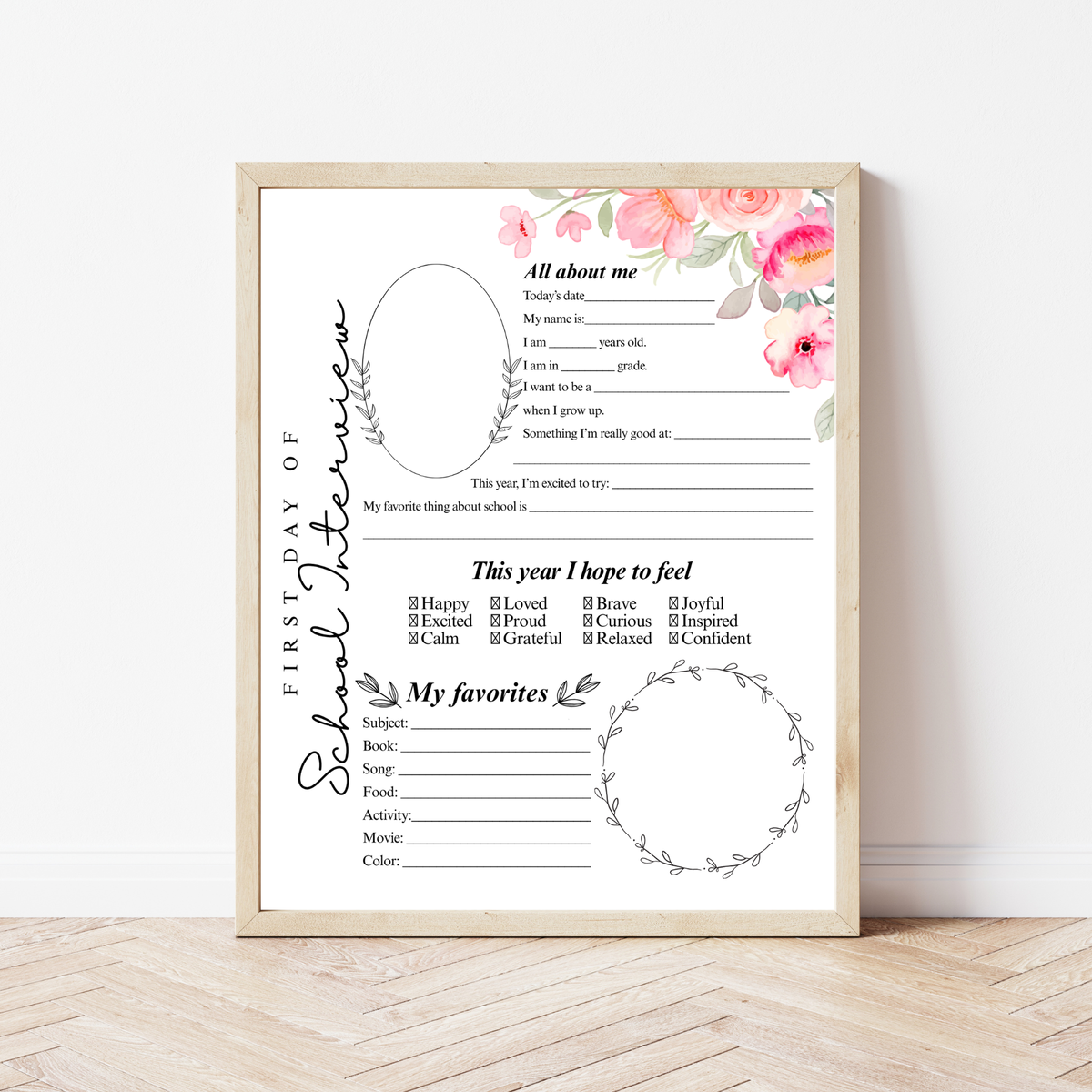 First Day of School Interview Printable | Pink Floral All About Me Worksheet | Back to School Keepsake | Student Memory Page for Girls