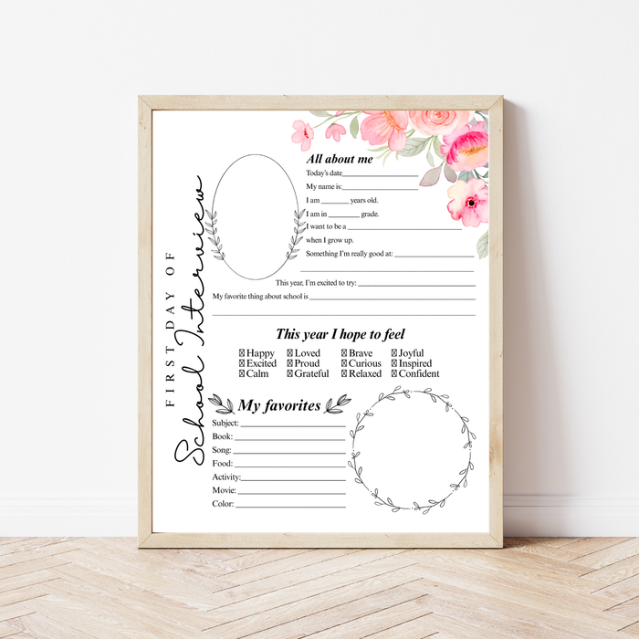 First Day of School Interview Printable | Pink Floral All About Me Worksheet | Back to School Keepsake | Student Memory Page for Girls