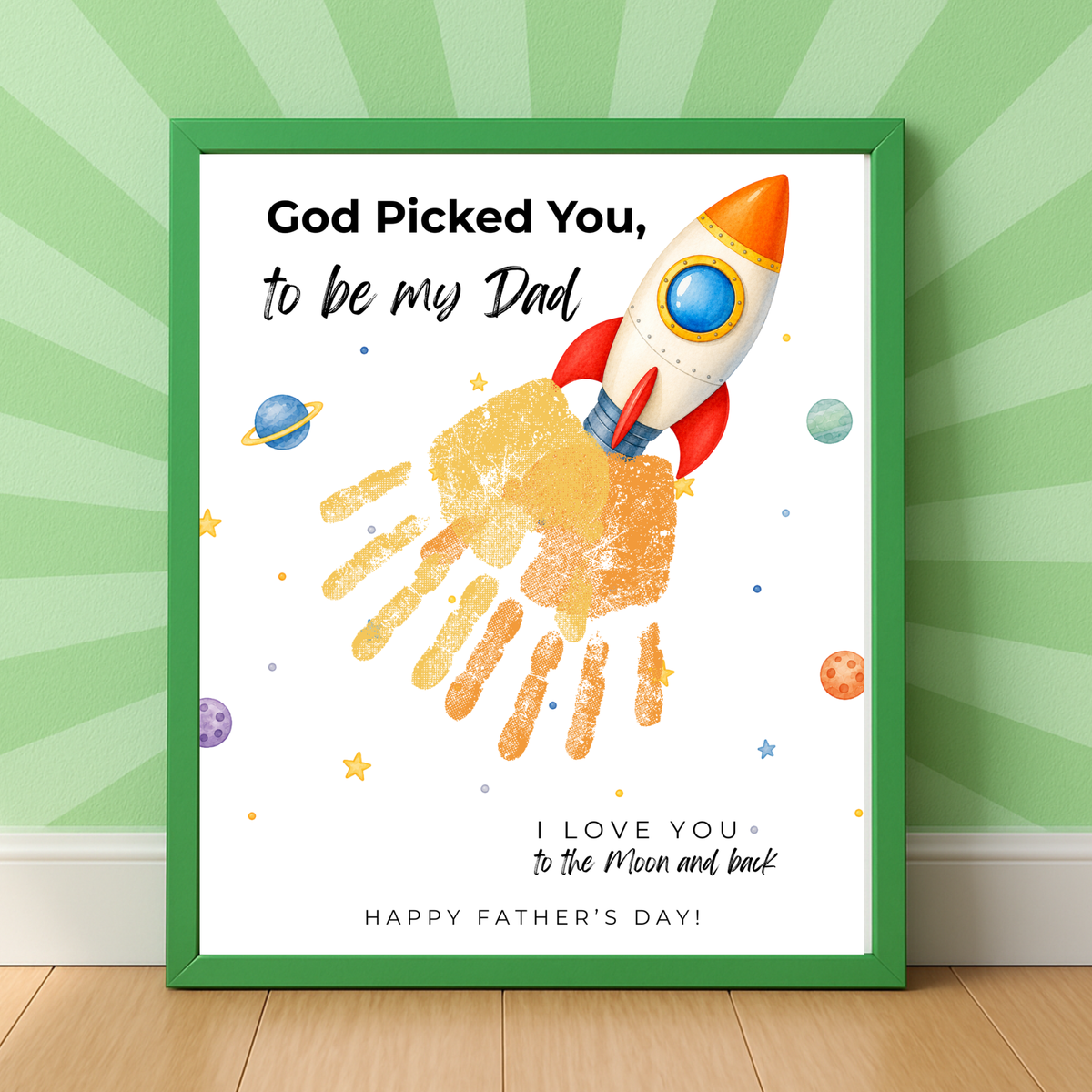 Christian Father's Day Rocket Handprint Craft Printable | God Picked You to Be My Dad | Space Keepsake Gift from Kids | Dad Handprint Art