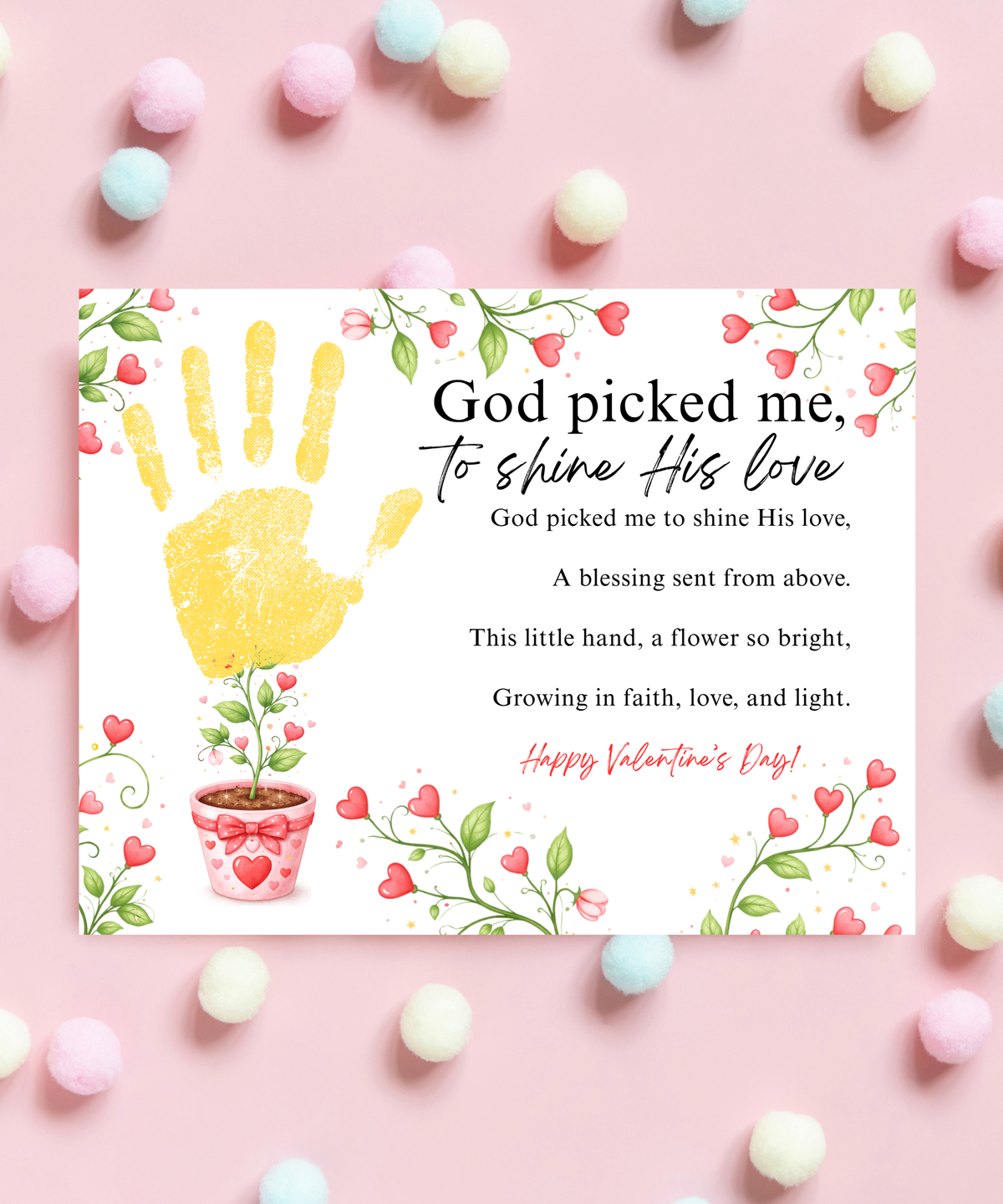Valentine’s Day Handprint Craft Printable for Kids | Faith-Inspired Keepsake | God Picked Me to Shine His Love