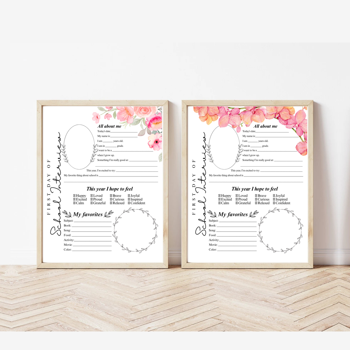 First Day of School Interview Printable | Pink Floral All About Me Worksheet | Back to School Keepsake | Student Memory Page for Girls
