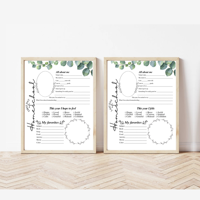 First & Last Day of Homeschool Interview Printable | Eucalyptus Homeschool Memory Page | All About Me Worksheet | Homeschool Keepsake Activity