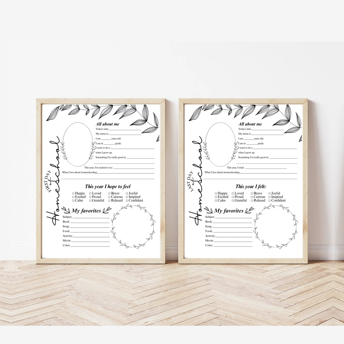 Minimalist First & Last Day of Homeschool Interview Printable | Homeschool Memory Page | Black Botanical Keepsake | Homeschool Reflection Worksheet