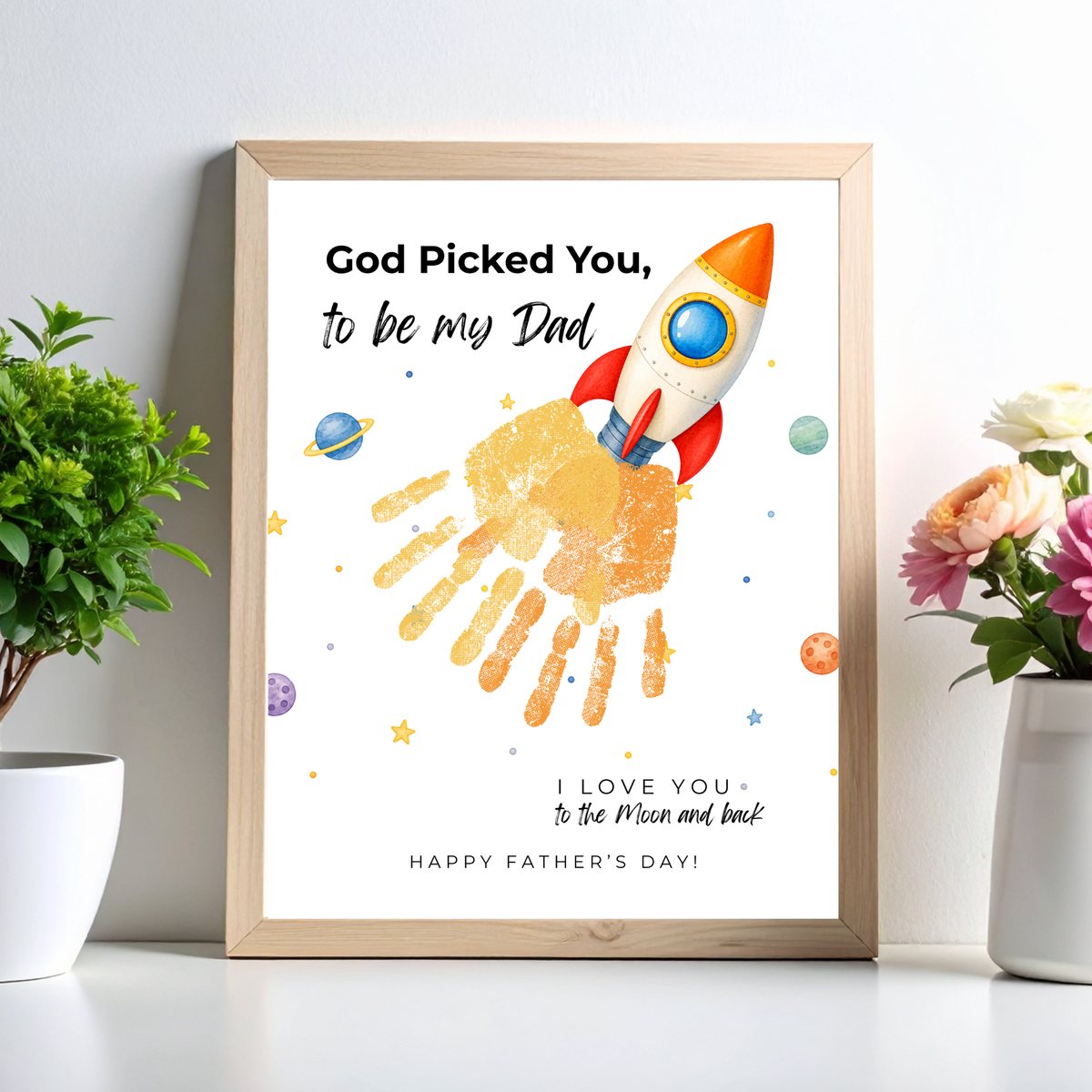 Christian Father's Day Rocket Handprint Craft Printable | God Picked You to Be My Dad | Space Keepsake Gift from Kids | Dad Handprint Art