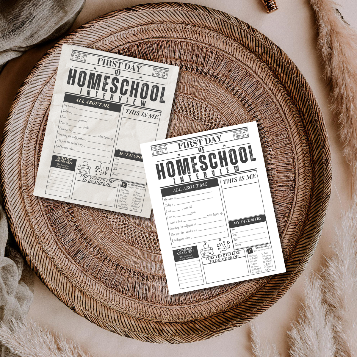 First Day of Homeschool Interview Printable | Homeschool Newspaper Activity | Back to Homeschool Keepsake | All About Me Worksheet