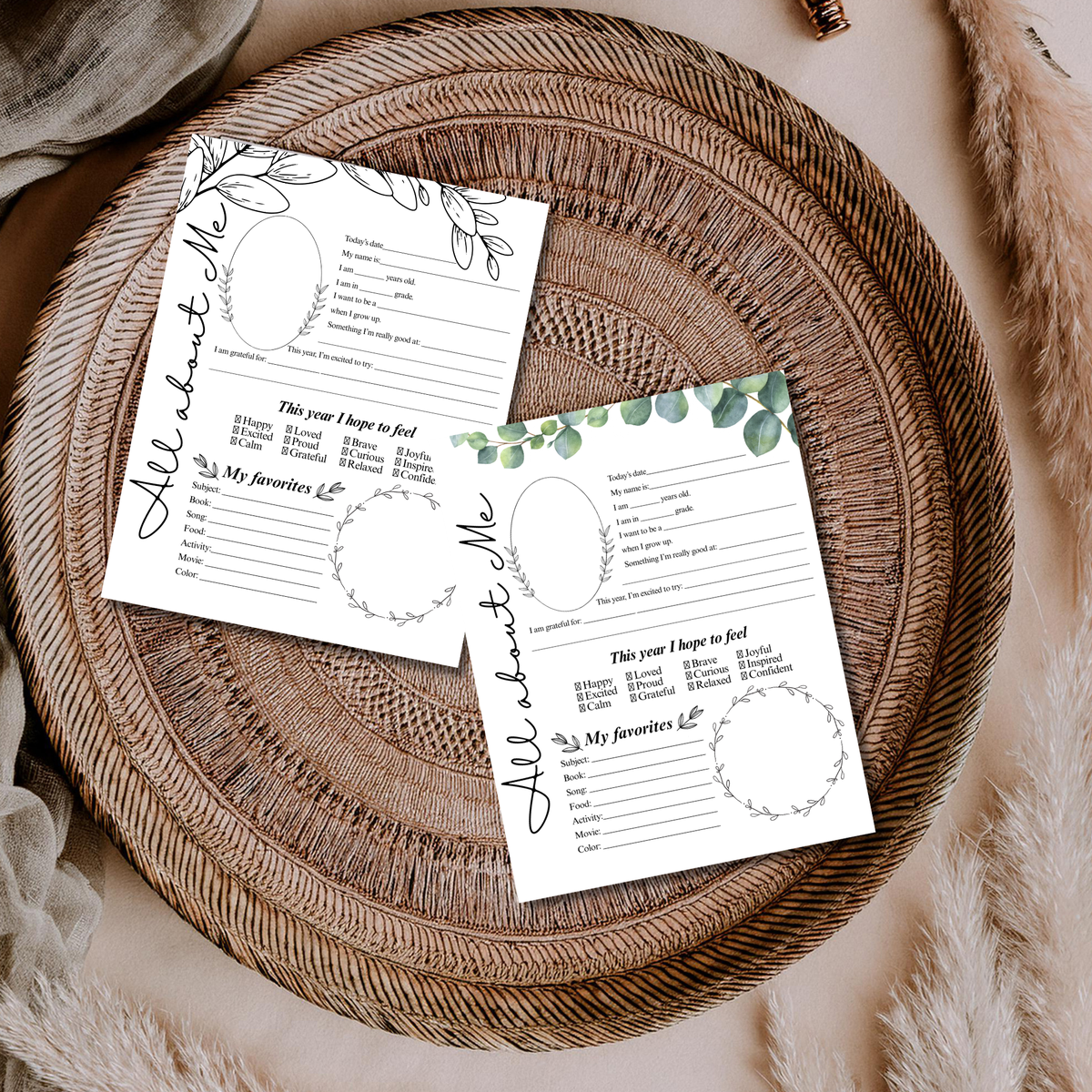 All About Me Printable | Eucalyptus & Botanical Leaves | Student Interview Worksheet | Homeschool Keepsake Activity