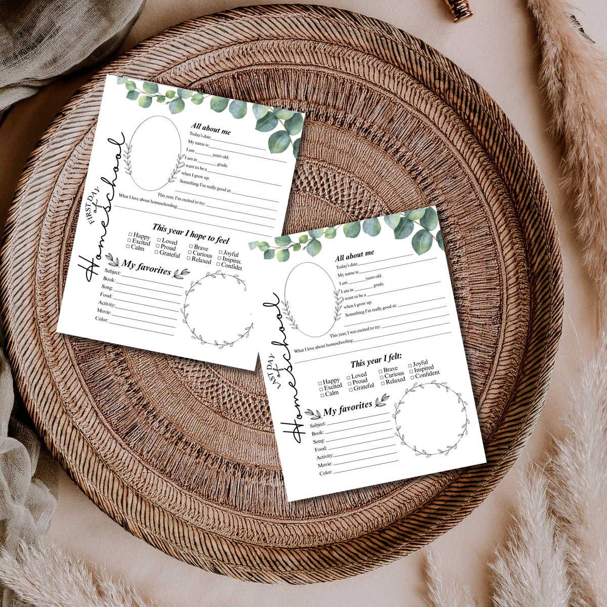 First & Last Day of Homeschool Interview Printable | Eucalyptus Homeschool Memory Page | All About Me Worksheet | Homeschool Keepsake Activity