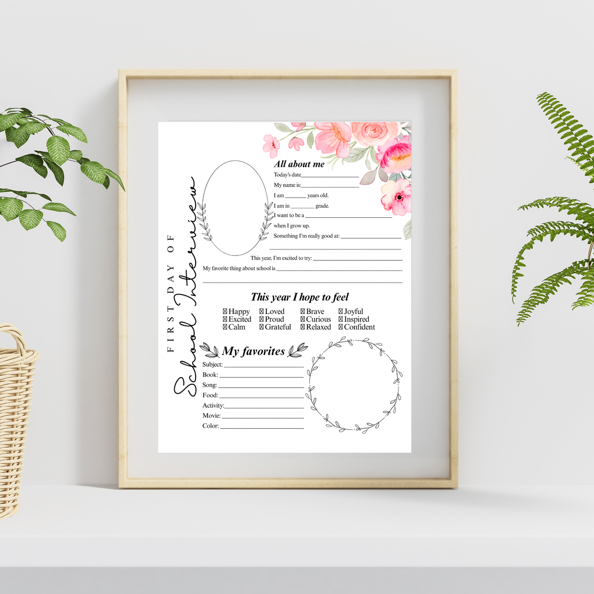 First Day of School Interview Printable | Pink Floral All About Me Worksheet | Back to School Keepsake | Student Memory Page for Girls