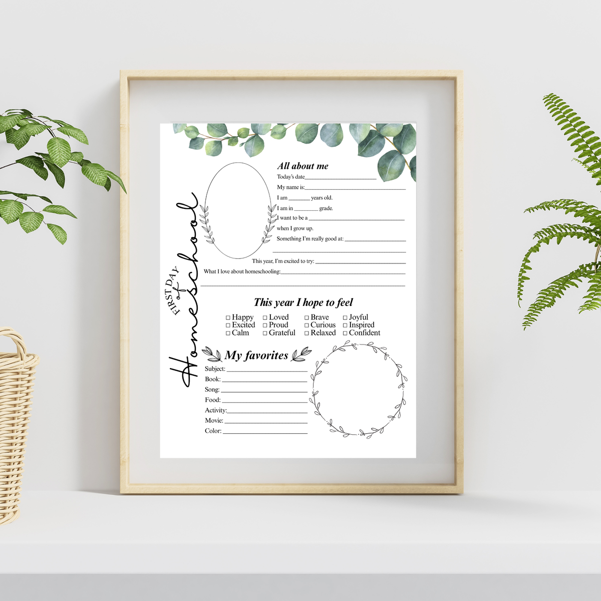 First & Last Day of Homeschool Interview Printable | Eucalyptus Homeschool Memory Page | All About Me Worksheet | Homeschool Keepsake Activity
