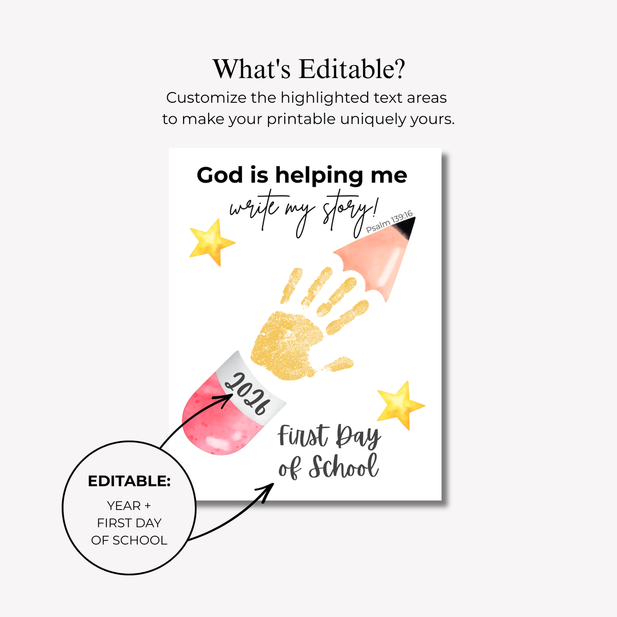 Editable Christian First Day of School Printable | Personalized Back to School Handprint Poster | Psalm 139:16 Classroom Decor | Canva Template