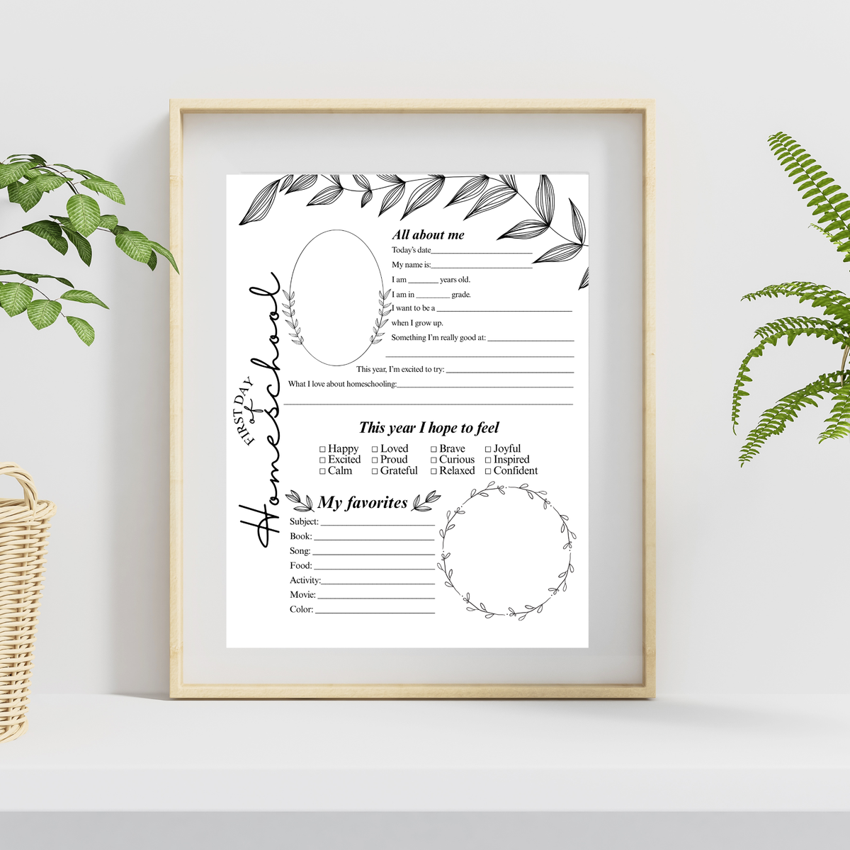 Minimalist First & Last Day of Homeschool Interview Printable | Homeschool Memory Page | Black Botanical Keepsake | Homeschool Reflection Worksheet