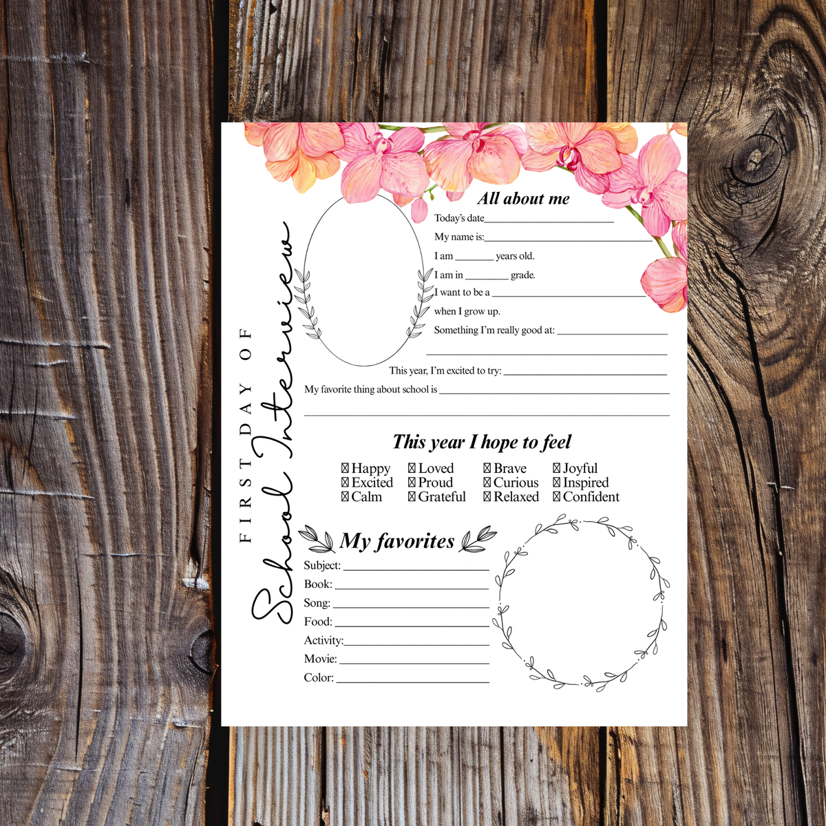 First Day of School Interview Printable | Pink Floral All About Me Worksheet | Back to School Keepsake | Student Memory Page for Girls