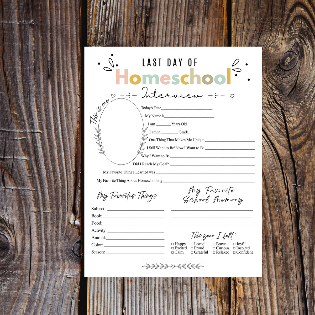 Colorful First & Last Day of Homeschool Interview Printable | Homeschool Memory Book | Back to Homeschool Keepsake | Student Reflection Worksheet