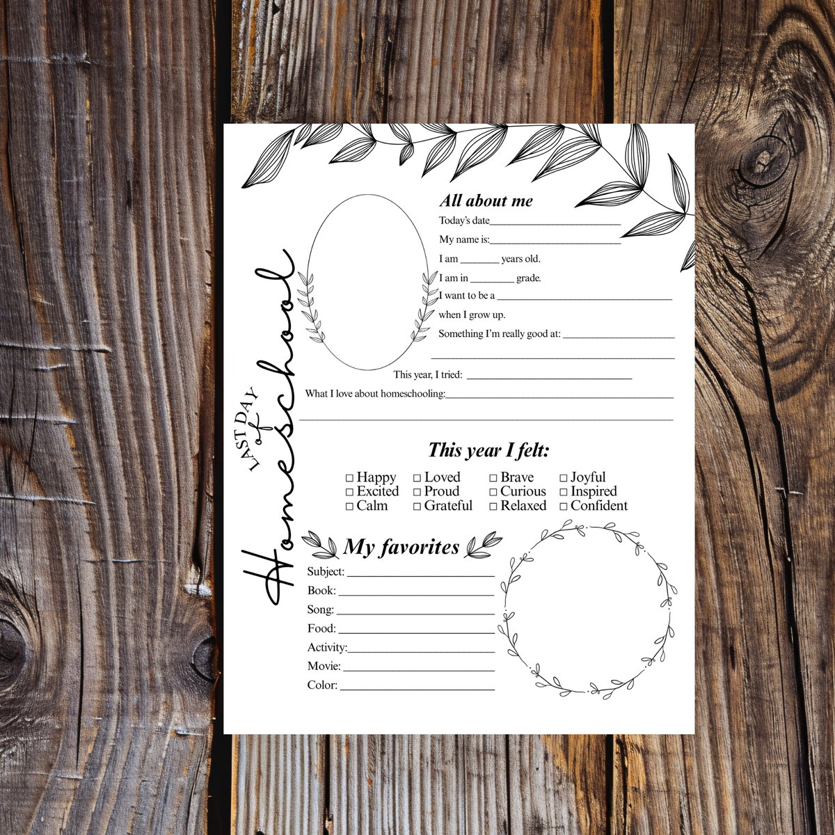 Minimalist First & Last Day of Homeschool Interview Printable | Homeschool Memory Page | Black Botanical Keepsake | Homeschool Reflection Worksheet