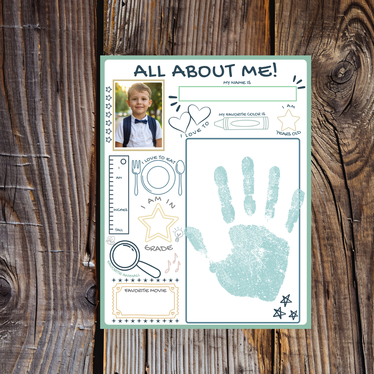 All About Me Handprint Craft Printable | Back to School Keepsake Activity | First Day of School Worksheet | Preschool Kindergarten Memory Page