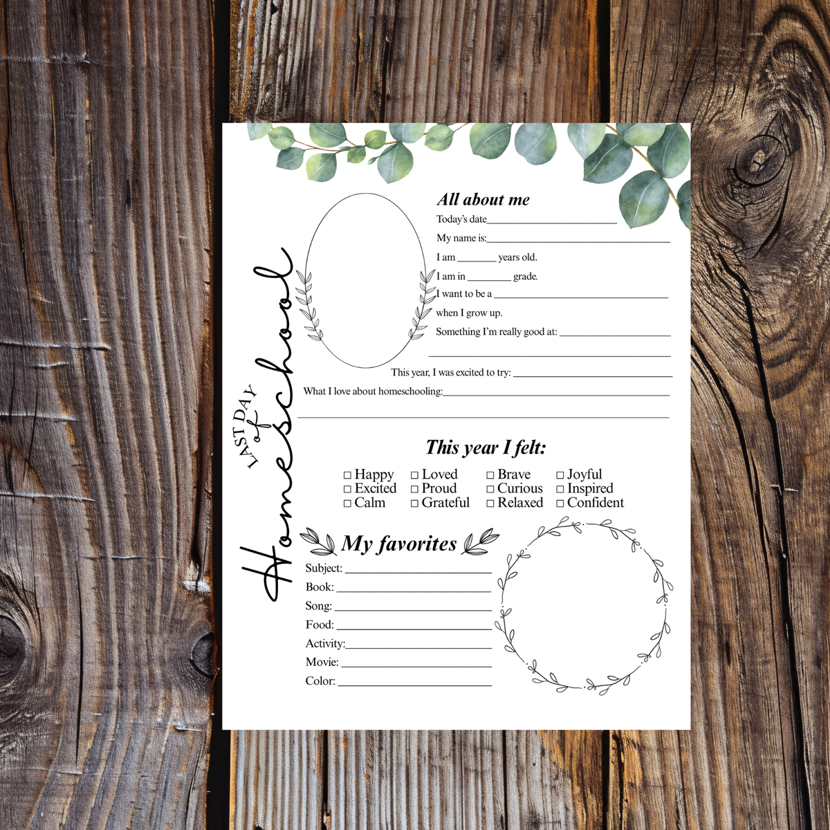 First & Last Day of Homeschool Interview Printable | Eucalyptus Homeschool Memory Page | All About Me Worksheet | Homeschool Keepsake Activity