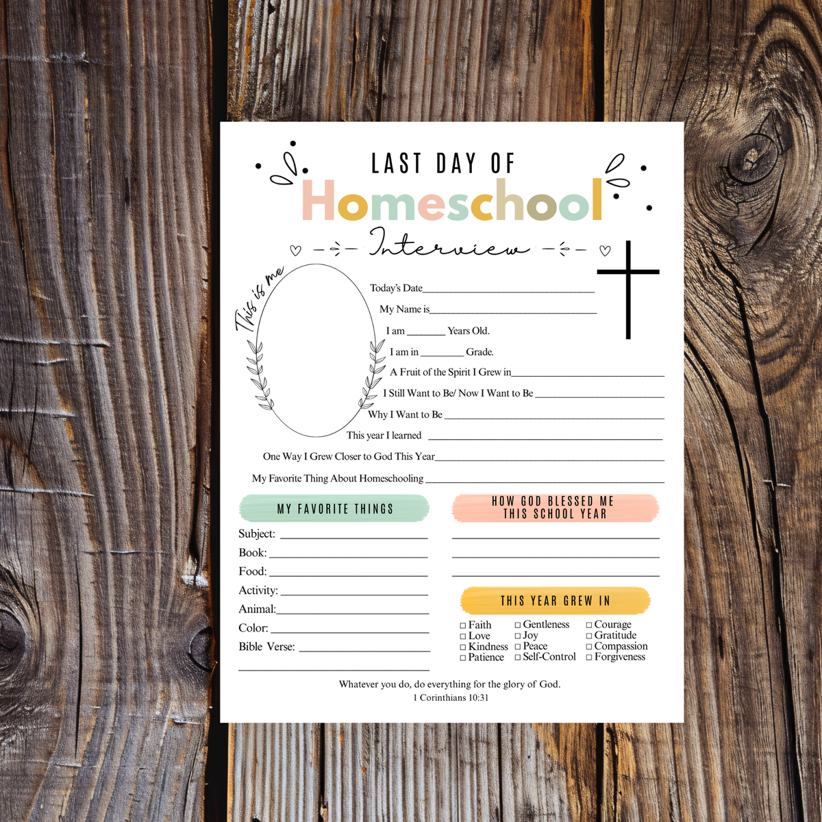 Christian First & Last Day of Homeschool Interview Printable | Faith-Based Homeschool Keepsake | Bible Reflection Worksheet | Christian School Memory