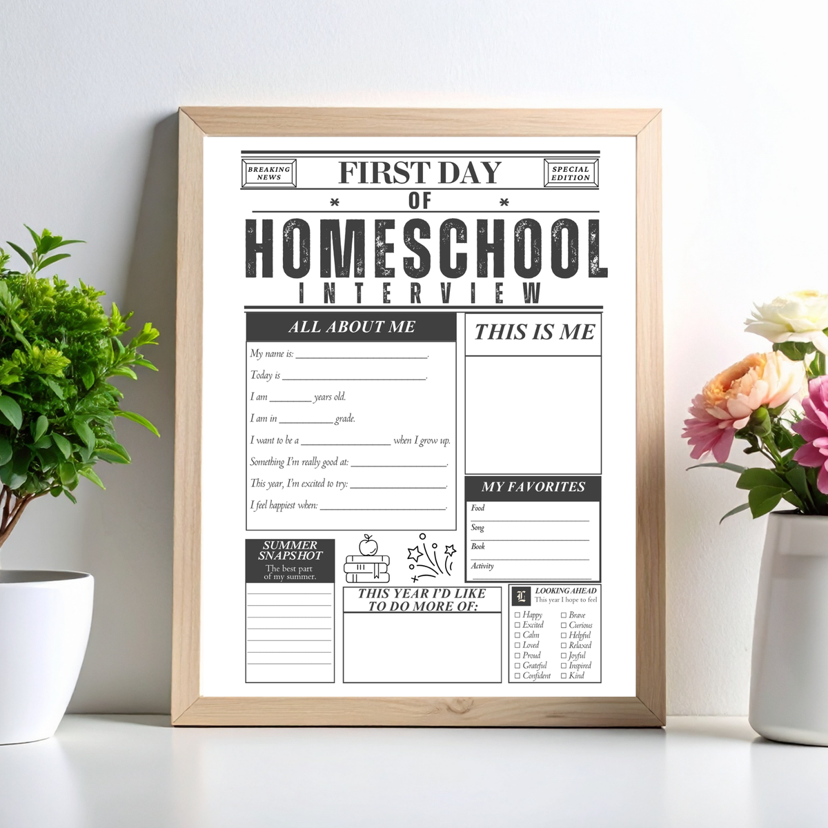 First Day of Homeschool Interview Printable | Homeschool Newspaper Activity | Back to Homeschool Keepsake | All About Me Worksheet