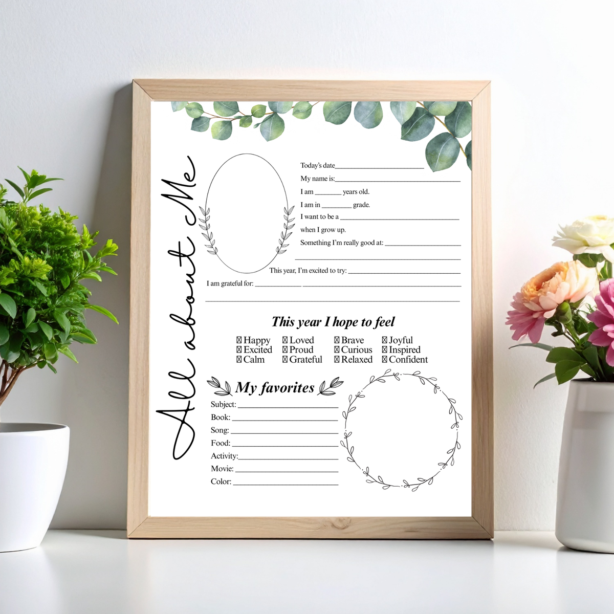 All About Me Printable | Eucalyptus & Botanical Leaves | Student Interview Worksheet | Homeschool Keepsake Activity