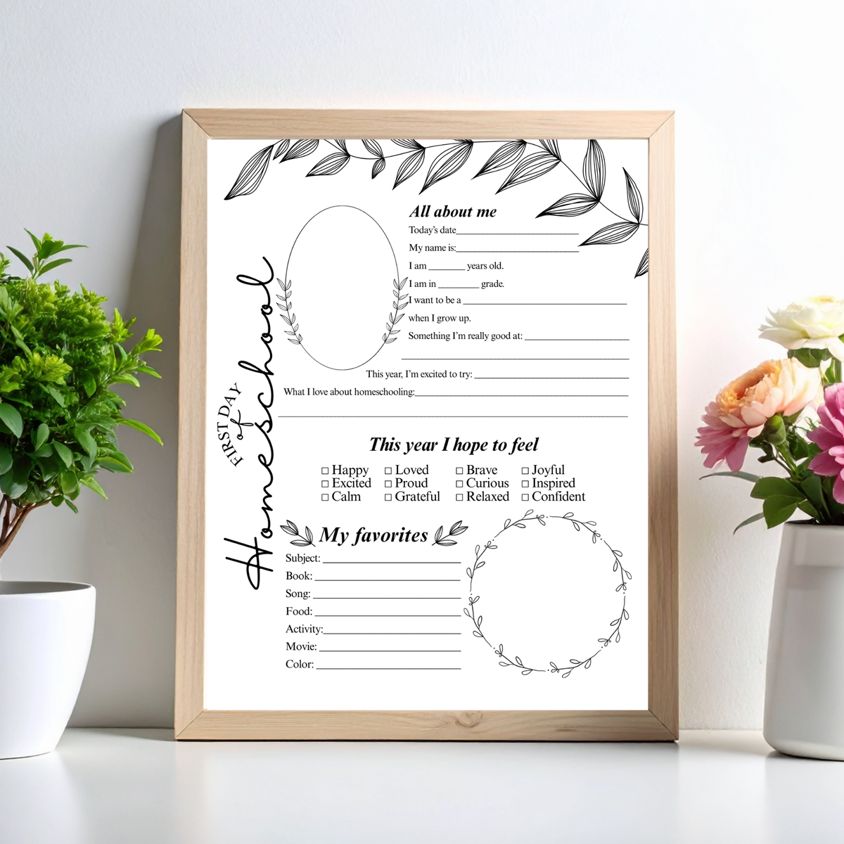 Minimalist First & Last Day of Homeschool Interview Printable | Homeschool Memory Page | Black Botanical Keepsake | Homeschool Reflection Worksheet
