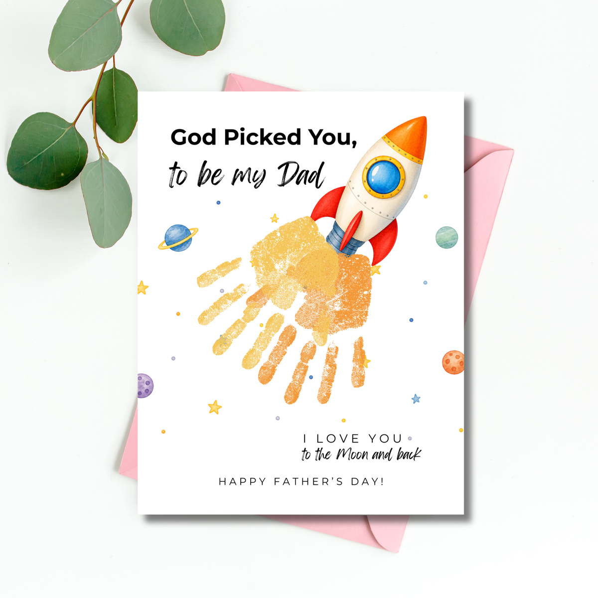 Christian Father's Day Rocket Handprint Craft Printable | God Picked You to Be My Dad | Space Keepsake Gift from Kids | Dad Handprint Art