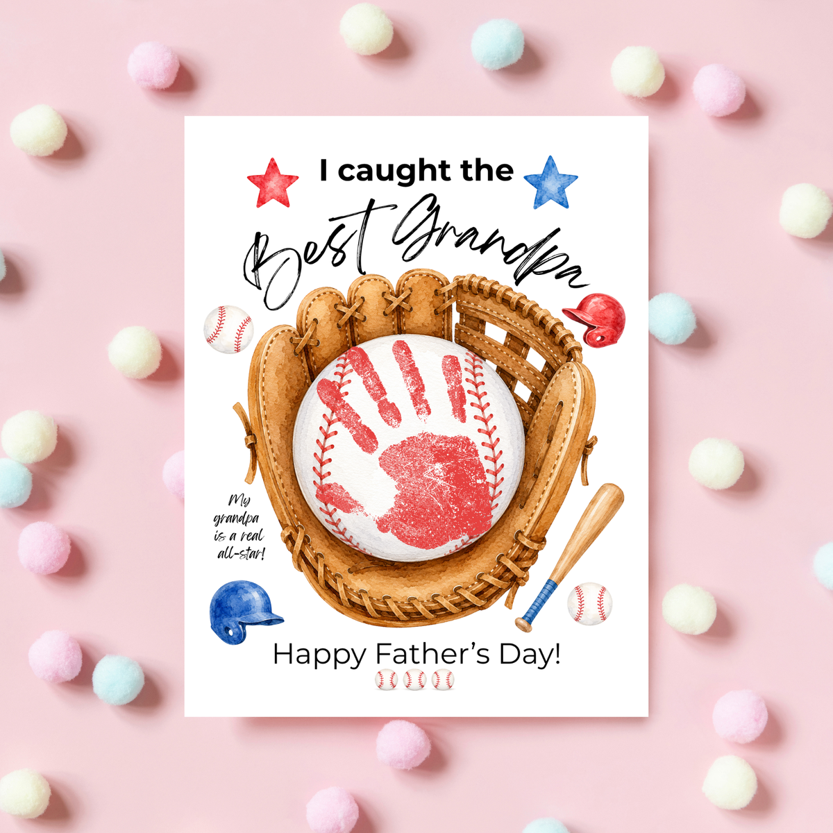 Grandpa Father's Day Baseball Handprint Craft Printable | I Caught the Best Grandpa | Baseball Keepsake Gift from Kids | Grandfather Handprint Art