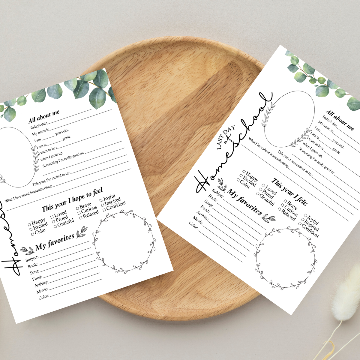 First & Last Day of Homeschool Interview Printable | Eucalyptus Homeschool Memory Page | All About Me Worksheet | Homeschool Keepsake Activity