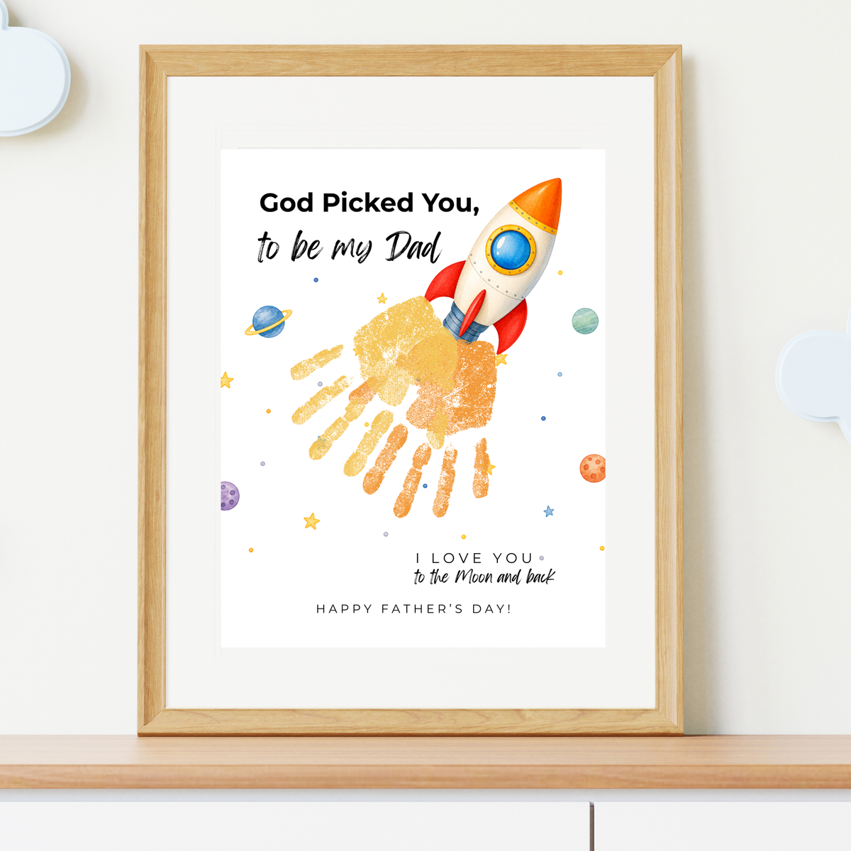 Christian Father's Day Rocket Handprint Craft Printable | God Picked You to Be My Dad | Space Keepsake Gift from Kids | Dad Handprint Art