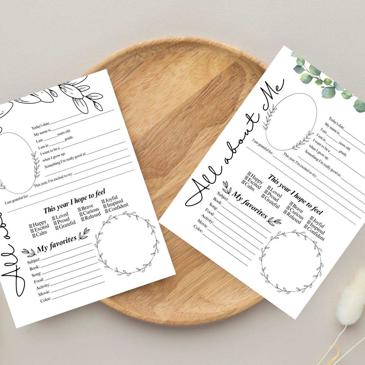 All About Me Printable | Eucalyptus & Botanical Leaves | Student Interview Worksheet | Homeschool Keepsake Activity