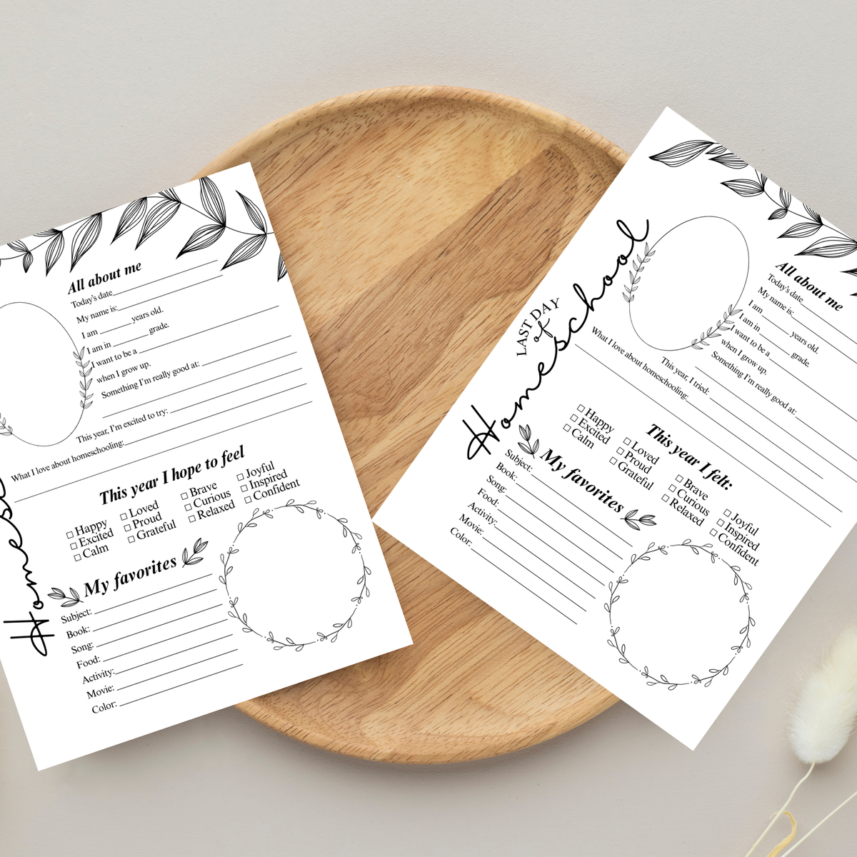 Minimalist First & Last Day of Homeschool Interview Printable | Homeschool Memory Page | Black Botanical Keepsake | Homeschool Reflection Worksheet