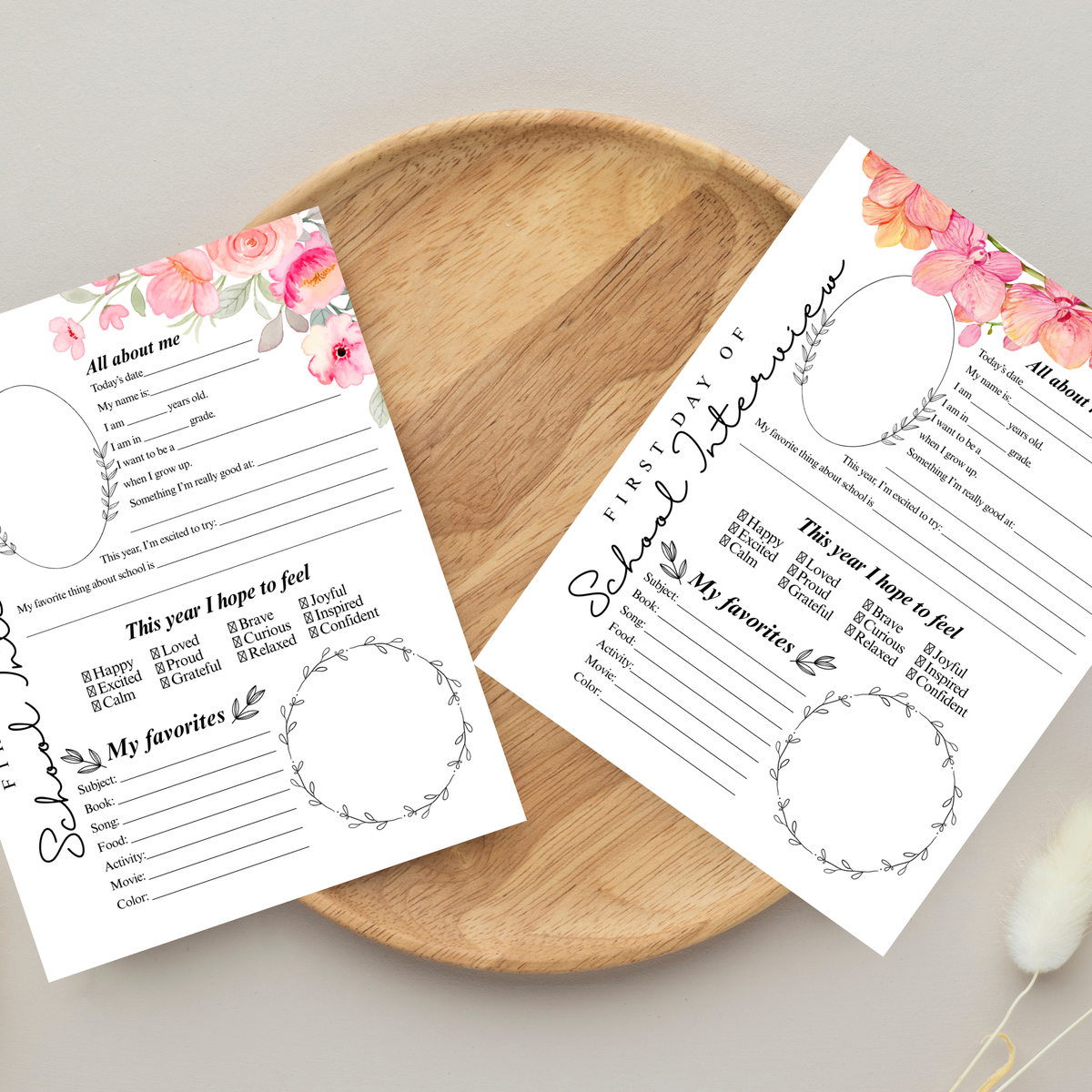 First Day of School Interview Printable | Pink Floral All About Me Worksheet | Back to School Keepsake | Student Memory Page for Girls