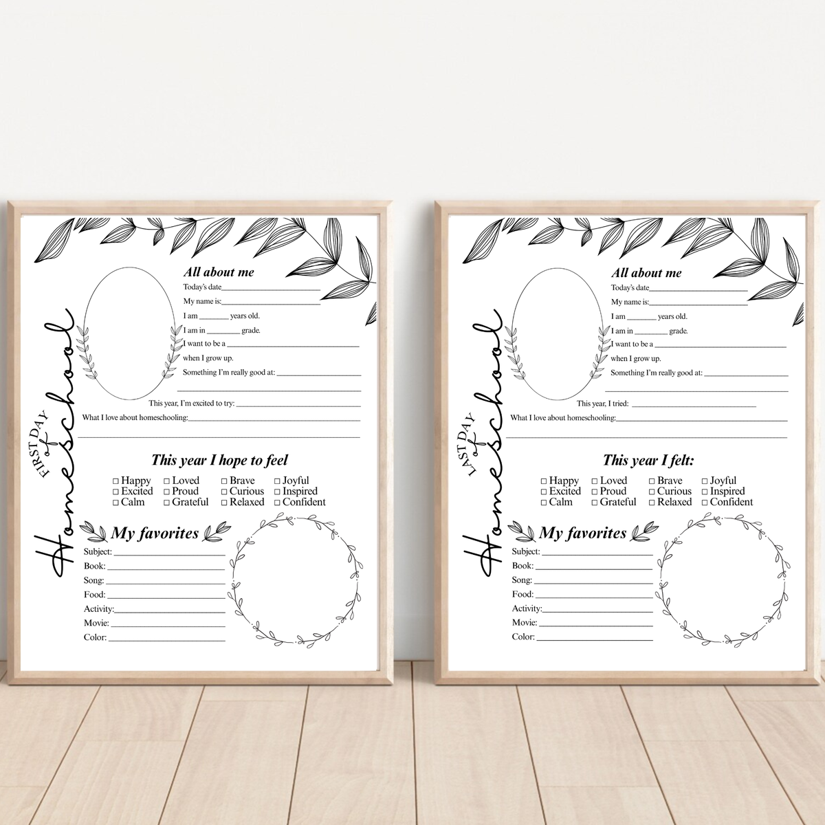 Minimalist First & Last Day of Homeschool Interview Printable | Homeschool Memory Page | Black Botanical Keepsake | Homeschool Reflection Worksheet